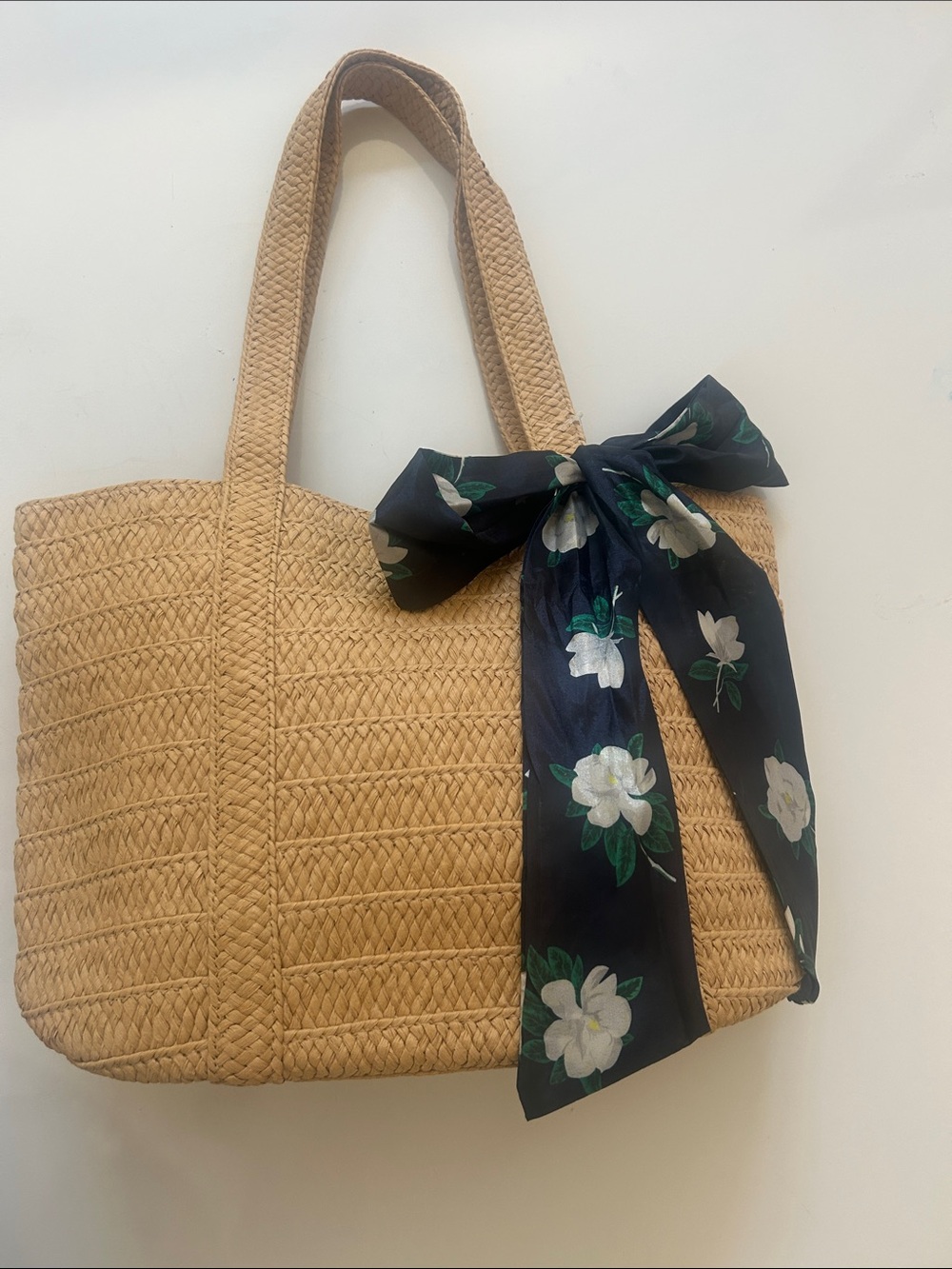 Draper James Woven Tote with Navy Floral Scarf Accent